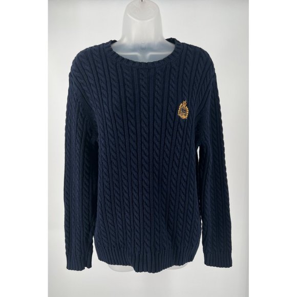 Vintage Ralph Lauren Navy Blue Cable Knit Pullover Sweater with Crest Size Mediu - Picture 3 of 8